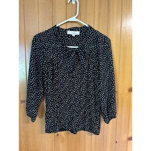 LOFT Womens XS Black White Abstract Dot Tie Neck Office 3/4 Sleeve Blouse Top